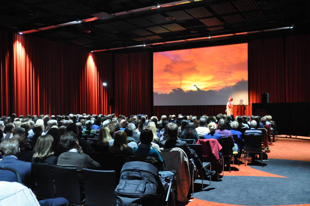 Leinwand mit Sonnenuntergang in Afrika; Menschen die einem Vortrag über Reisen zuhören; Veranstaltungssaal mit großer Leinwand