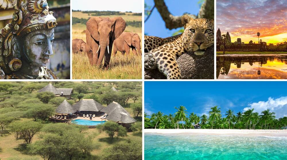 verschiedene Reisemotive: Statue, Elefanten, Leopard, Sonnenuntergang Tempel, Hotelanlage, malerischer Sandstrand