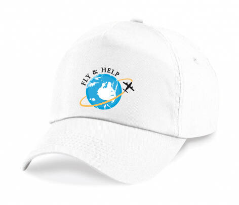 Weiße Kappe mit Aufdruck "FLY & HELP"